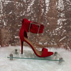 Red Suede Open Toe Heels with Gold Buckle on Ankle Strap, Size 7, 7.5